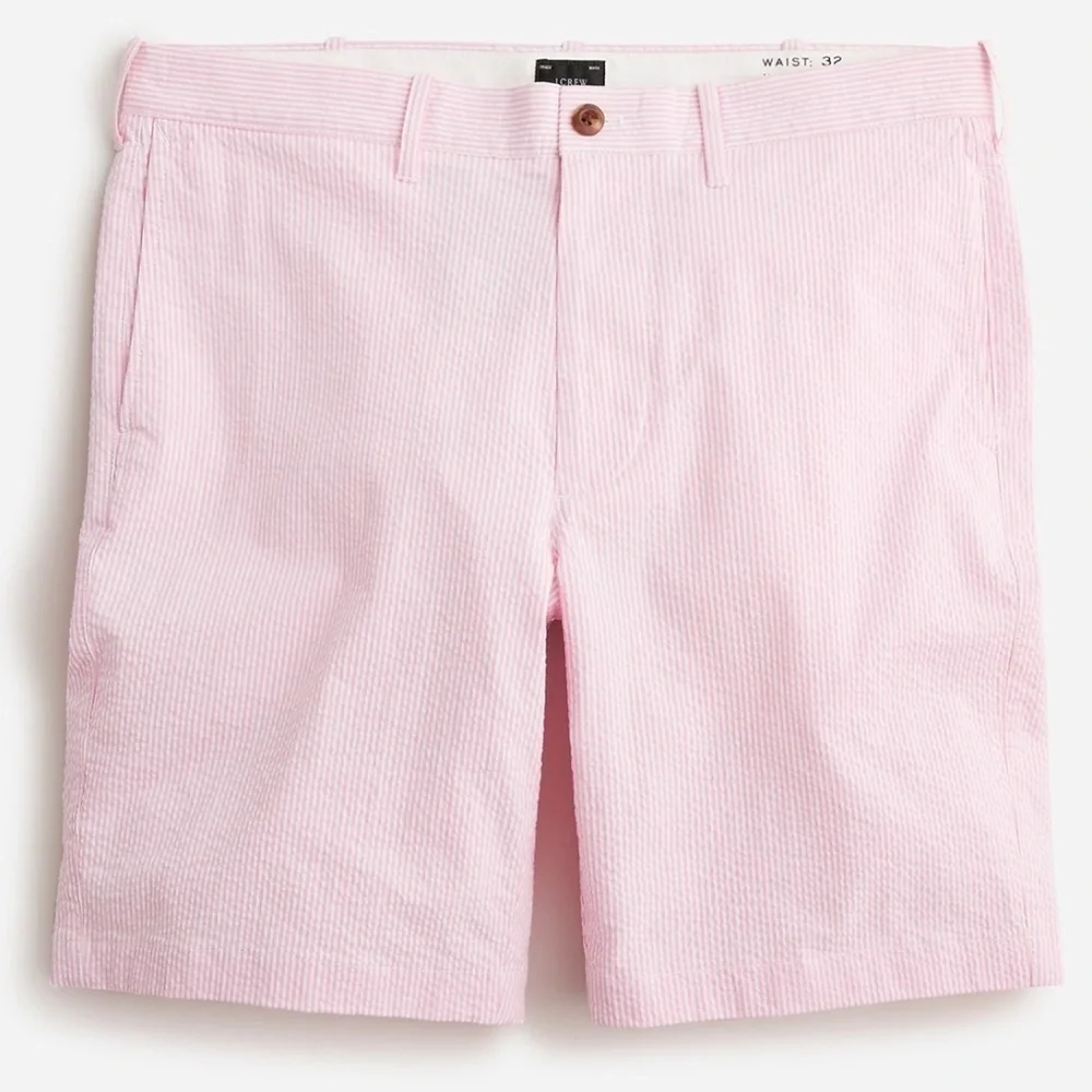 J crew 9” stretch seersucker shorts pink white stripes